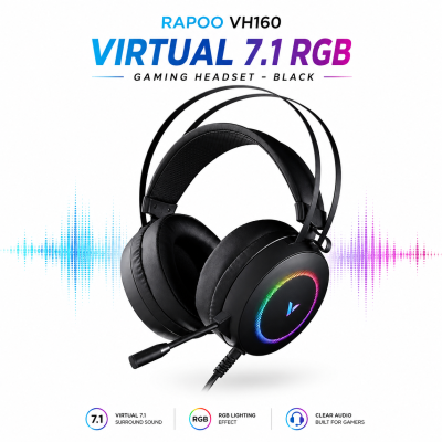 Rapoo VH160 Virtual 7.1 RGB Gaming Headset (Black) – Wired Over-Ear Headphone with Immersive Surround Sound, Noise Isolation, Comfortable Padding & Plug-and-Play Setup